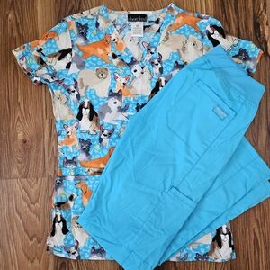 NWOT Cherokee Teal Dogs Scrub Set
